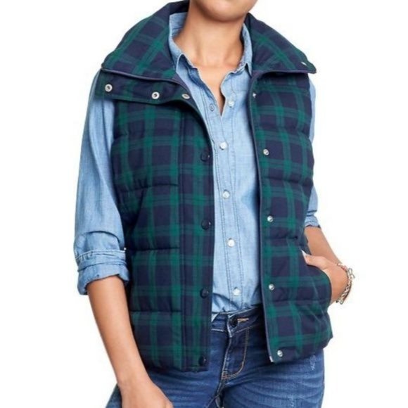 Old Navy Midnight Navy Blue & Green Tartan Plaid Thick Puffer Vest Womens Size X - Picture 1 of 8